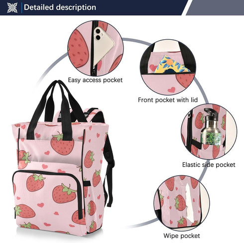 YANENDIE Backpack, Backpack Backpack Cute Pink Strawberry Diaper Bag Unisex Travel Baby Diaper Bags with Stroller