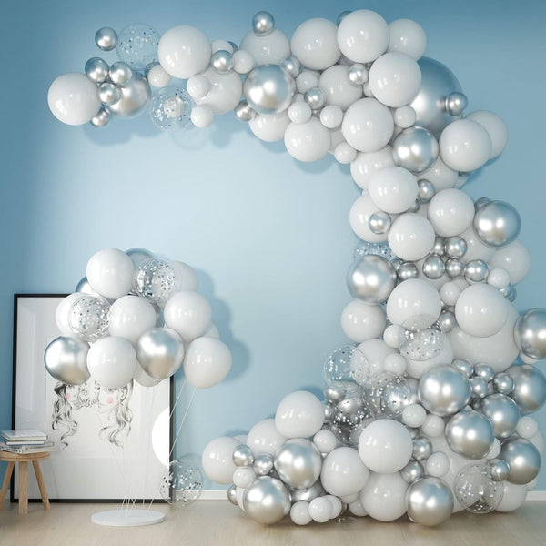 White and Silver Balloons Garland Arch Kit, 5"10 Inch 12" Metallic Confetti Latex Balloons for Party Decor
