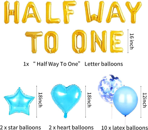 JeVenis 15 PCS Half Way To One Balloons for Boy Birthday Party Decorations, 1/2 Birthday Blue Balloons