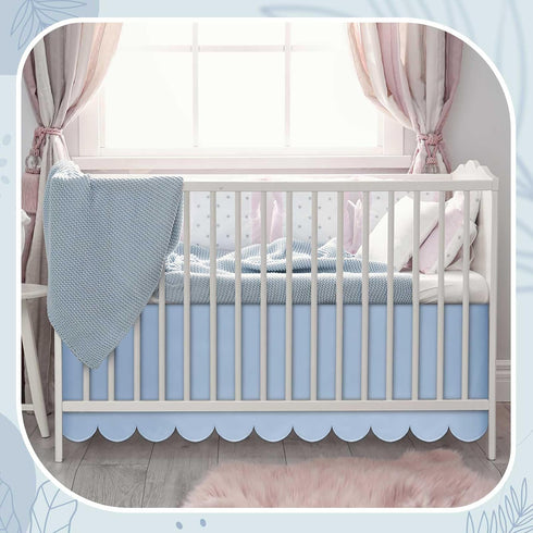 Hahafelt 28"x 52" 14" 4-Sided Blue Scalloped Crib Skirt with Drop Pleated Dust Ruffle with Split Corners for Baby Boys