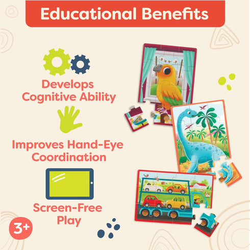 B. toys Pack o' Puzzles 3-Pack - Wooden Puzzle Box Set with 12 Puzzles: Pets, Dinos & Trucks for Kids 3 Years +
