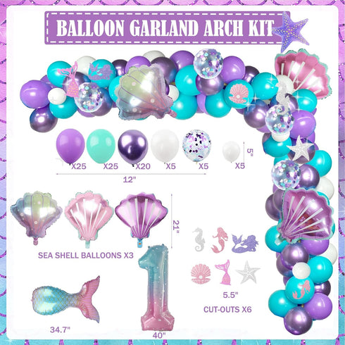 Fiesec 1 1st 114 Mermaid Birthday Decorations Year Old Girl, Mermaid Party Decorations Backdrop Balloon Garland Monthly