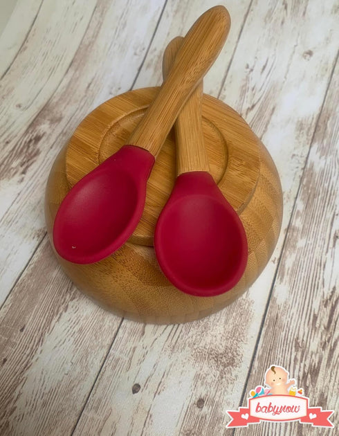 Babynow Bamboo Baby Spoons Pack of 2, Self-Feeding Supplies for 6+ Months Babies & Toddlers in Soft Tip Designs BURGUNDY