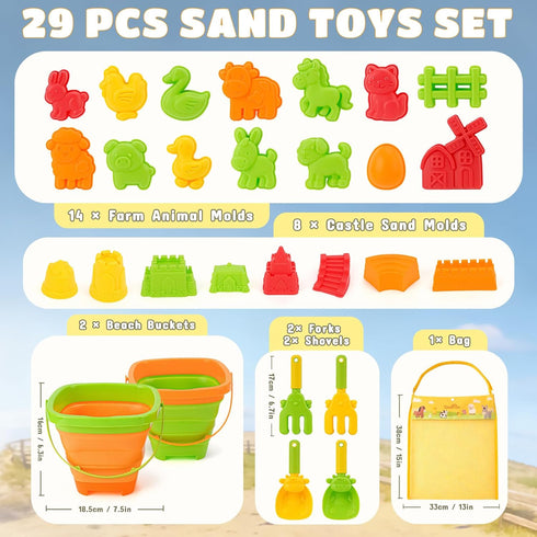 29PCS 2 Set, 4-8 Dreamon Beach Toys for Kids Farm Sand Toys with Collapsible Buckets, Rake & Shovel Sand Molds and Mesh