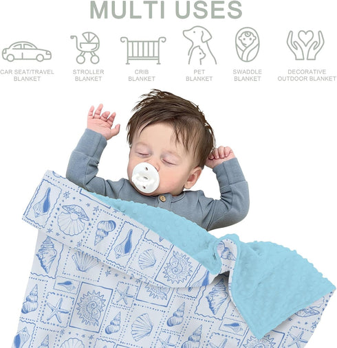 Summer 30x40 Blue Seashells Baby Blanket for Girl Boy Boho Beach Conch Soft Mink Dotted Backing Double Layer Swaddle