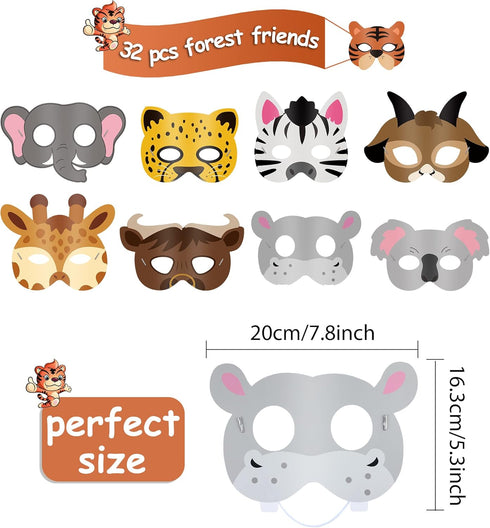 Blulu 16 Pcs Safari Animal Masks for Kids, Jungle Zoo Animals Cartoon Masks for Birthday Party Decorations