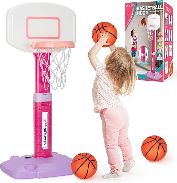 Adjustable Toddler Basketball Hoop Indoor for Ages 1-3, Pink Mini Hoop with 3 Balls for Outdoor Poolside Gift