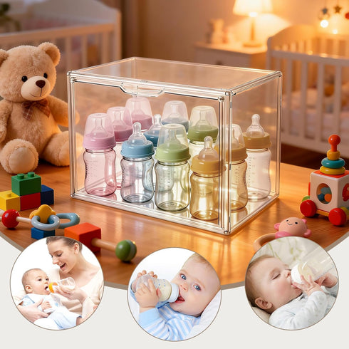 MAIDIWUDI Baby Bottle Organizer with Magnetic Door for Cabinet Stackable Clear Organizer Nursery Storage Bin for Baby
