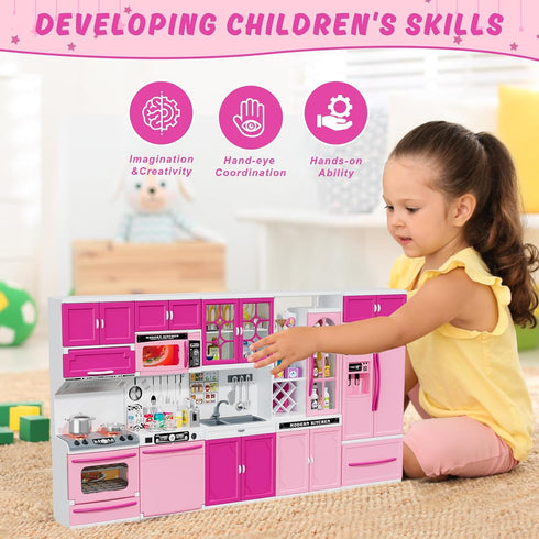 57 PCS Kitchen Playset for Girls - 5-in-1 Toddler Mini Kitchen with Realistic Lights & Sounds, Pink