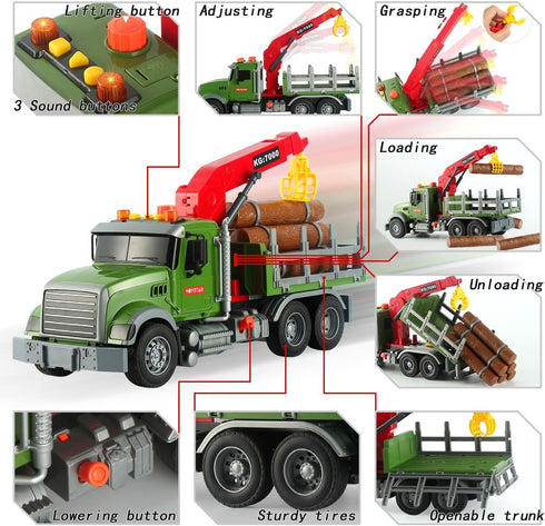 Timber Transport Truck Toddler Toy, 15-inch Logging Truck with Sounds and Lights, Birthday Gift for Kids Ages 3-6
