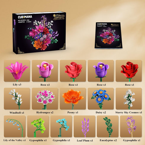 Set 21 1054PCS, 12+ CUBIMANA Flowers Bouquet Building with LED Light, Flower Botanical Collection Block Toy, Rose Home