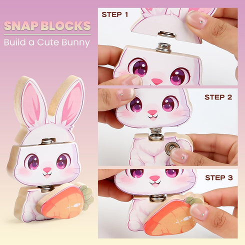 HUZU Easter Snap Builders, Easter Basket Stuffers Bunny, Carrot, Egg, Chick Wooden Puzzle Toy, Basket Essentials Take