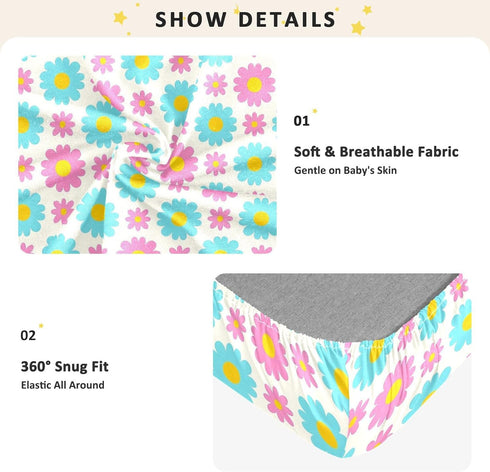 miaozhen 1 Pack 52x28 Cotton Crib Sheets for Baby Boys Girls Comfy Breathable Daisy Flower Peach Blue White Toddler
