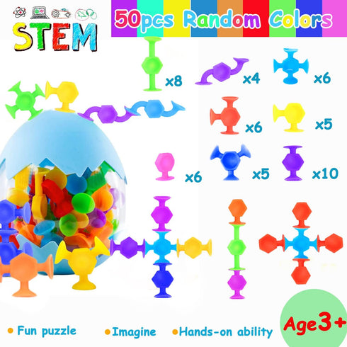 50Pcs Bath Toys for Kids Ages 3+, Suction Cup Sensory Toys, Travel Window Toys, Dinosaur Eggshell Storage