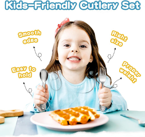 Toddler Utensils Kids Silverware Set, 8 PCS 18/10 Stainless Steel Cutlery with Dog & Cat Pattern, Dishwasher Safe