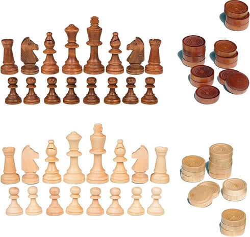 2 in 1 Wood Chess Pieces + Checker Pieces Without Board (3.5 inches)