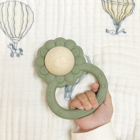 Rattle Teether - Lion Shape Montessori Baby Sensory Teething Toy, Food Grade Silicone BPA Free for Newborns (Shifting