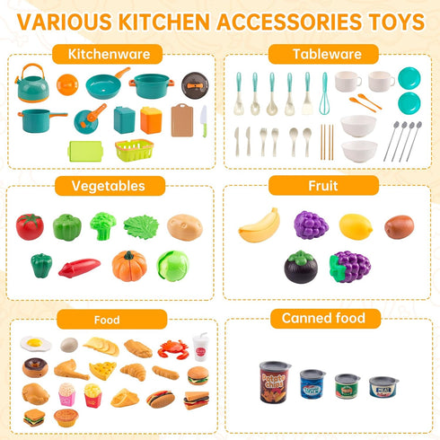Zero Zoo 120Pcs Playset Mini Play Kitchen Accessories, Kids Pretend Cooking with Desserts, Cuttable Veggies & BBQ