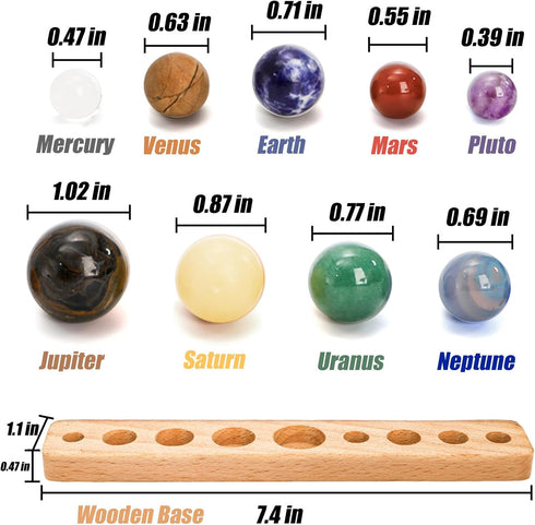 ZENFUN Nine Planets in Solar System with Wooden Stand, Natural Gemstones Sphere Solar System Model Kit, Planet Marbles