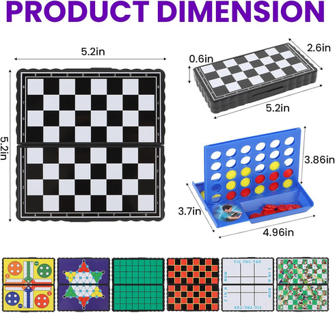 8-in-1 Set, 4 5.2'' Mini Travel Board Games Magnetic Checkers Game with Folding Magnet Board, in a Row Game, Compact