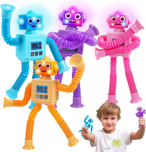 Robot Fidget Toys for Kids: 4 Pack LED Robotic Pop Tubes, Sensory Toy for Ages 2-8, Christmas Birthday Gifts