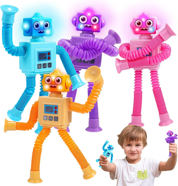 Robot Fidget Toys for Kids: 4 Pack LED Robotic Pop Tubes, Sensory Toy for Ages 2-8, Christmas Birthday Gifts