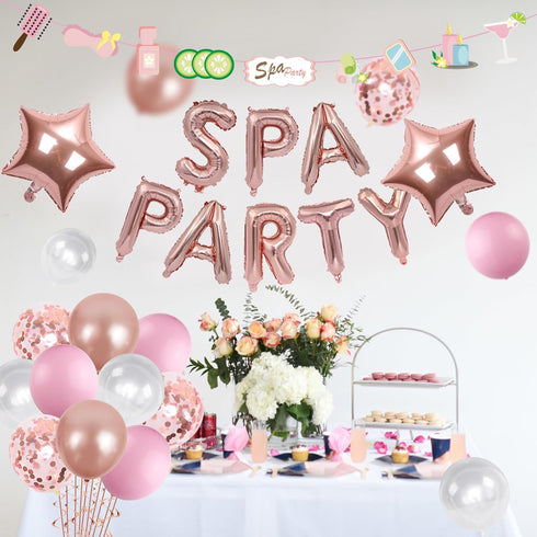 Spa Birthday Party Supplies Girls - Rose Gold Balloon Banner Garland, Star Foil Balloons for Pajamas Birthday