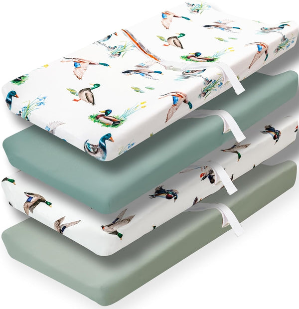FIGEPO 4 Pack Mallard Duck Baby Changing Pad Covers Neutral Unisex Breathable Fitted