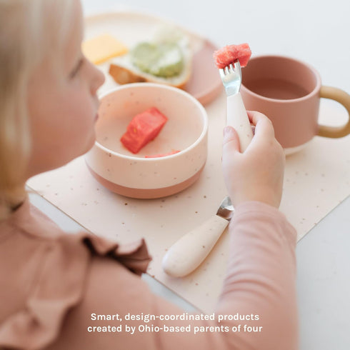 Set Set Yeah Baby Goods Silicone Dinnerware Dishwasher Safe Toddler Plate and Bowl w/Spoon, Fork & Mug (Terracotta)