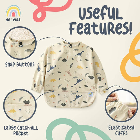 6-72 ARI MES Waterproof Long Sleeve Baby Bib for Eating-Dinosaur Pattern, Small-Toddler Smock with Catch-All Pocket