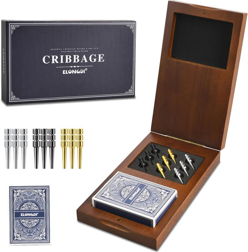 ELONGDI Foldable Wooden Cribbage Board Game Set, Portable Travel 3 Track Cribbage