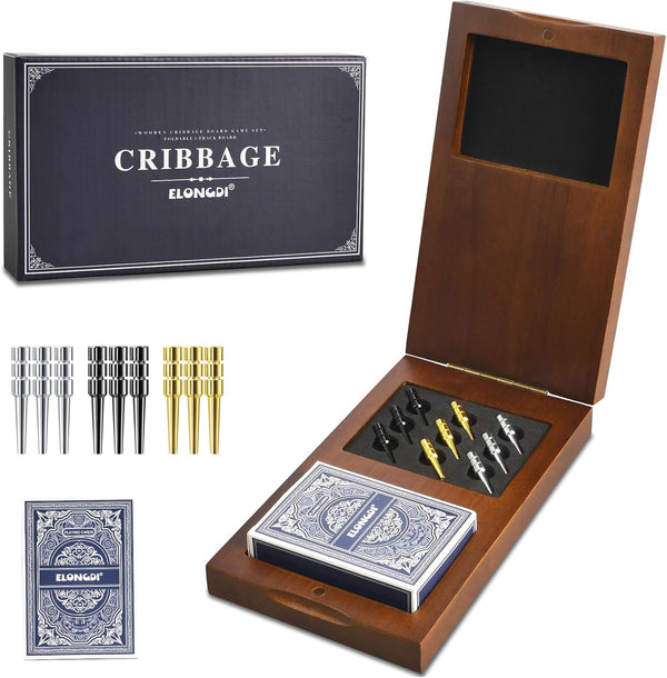 ELONGDI Foldable Wooden Cribbage Board Game Set, Portable Travel 3 Track Cribbage