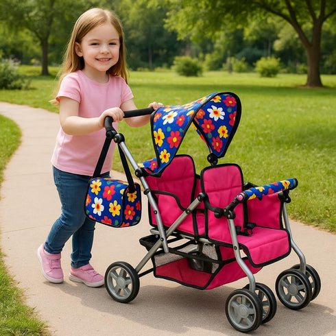 Pink Flower Twin Doll Stroller with Adjustable Handle & Diaper Bag