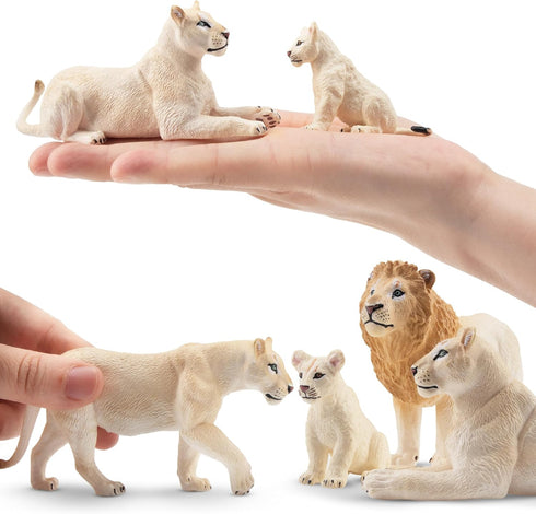 6PCS 2-5" Set Toymany White Lion Figurines with Lion Cubs, Wild Life Jungle Animals Figures Realistic Family Includes