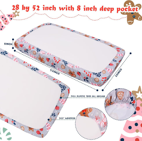 52'' 28'' Christmas Crib Sheet, Fitted Crib Sheet with Christmas Tree, Cane, Gingerbread Man, Measuring x to fit