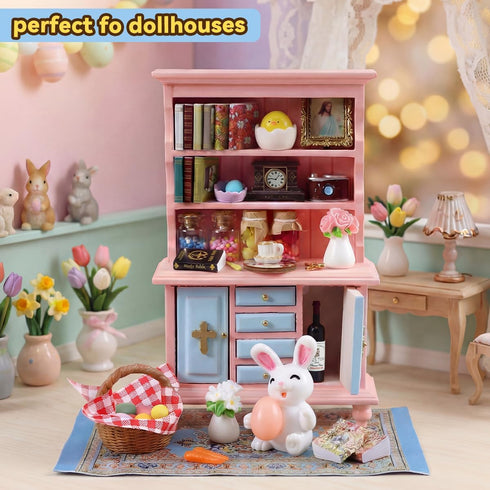 Set 40 1/12 Vintage Springtime Hutch - Pcs Dollhouse Miniatures Scale Accessories, Wooden Bookshelf with Books