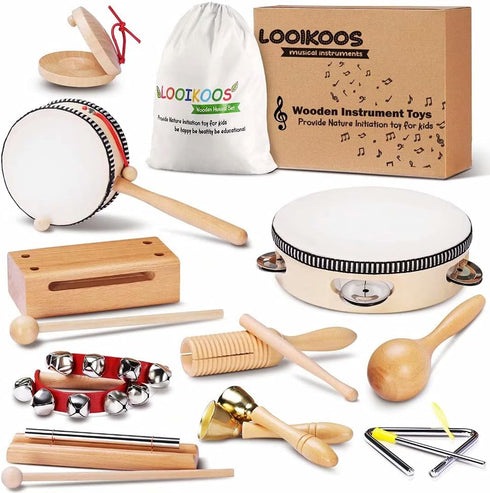 LOOIKOOS Toddler Musical Instruments, Natural Wooden Percussion Toy Set for Kids with Storage Bag