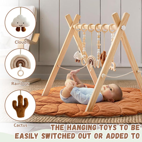 6 Razee Wooden Baby Play Gym Activity Mat, Leaf Shaped Play Mat Baby Gym with Hanging Sensory Toys Foldable Baby Gym