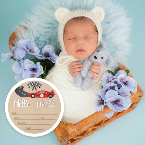 Penitue 15cm/5.91in Baby Announcement Sign, Wooden Hello World Newborn Bulletin Board with Pen Race Car & Checkered