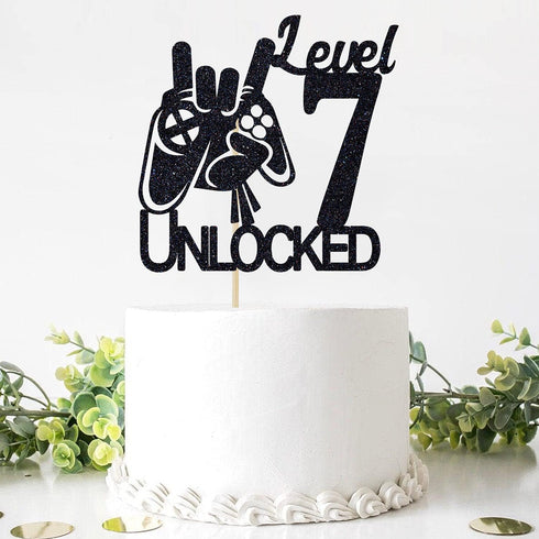 Video Game Level 7 Unlocked Birthday Cake Topper, Black Glitter, Boys 7th Birthday Cake Decorations