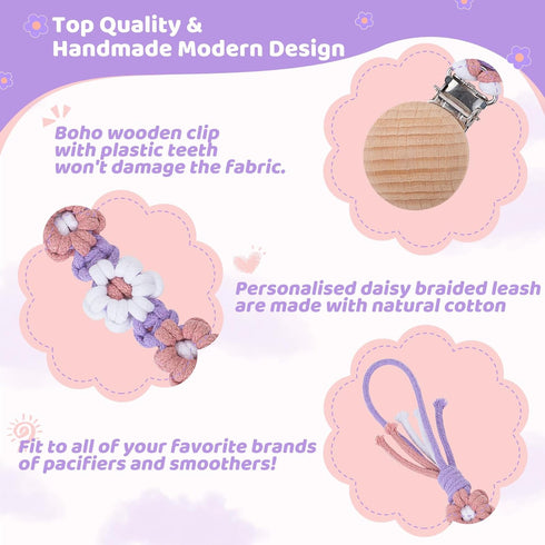 (2pack:Lavender 2) Pacifier Clip for Boys Girls Floral Daisy Macrame Baby Paci Clip Pacifier Holder Leash Boho Wooden
