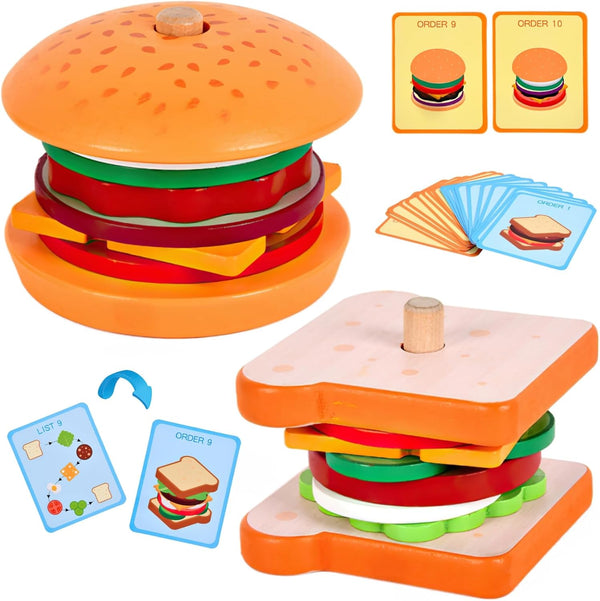 Wooden Burger Sandwich Stacking Toys - Play Food Toy for Toddlers, Montessori Educational Toy for 3 Year Olds