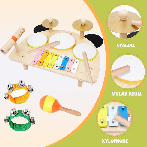 Set, 1-6, Kids Drum Montessori Musical Instruments for Toddlers Wooden Toys Montessori Music Table, Xylophone Drum Kit