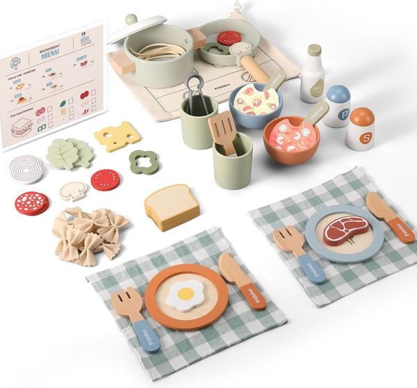 Pithfor Wooden Play Cooking Set, Pretend Play Kitchen Accessories Toys Set for