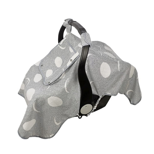 ICOPUCA Muslin Car Seat Covers for Babies, Lightweight Kick Proof Canopy, Black Strip Polka, Fits Summer/Autumn/Spring