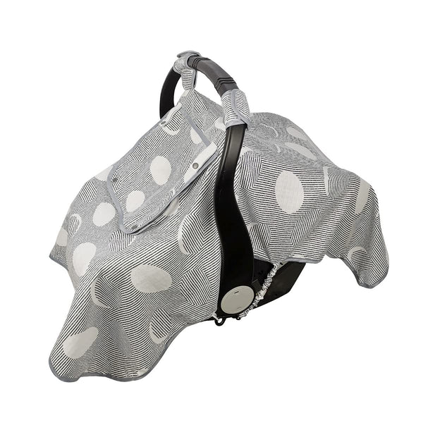 ICOPUCA Muslin Car Seat Covers for Babies, Lightweight Kick Proof Canopy, Black Strip Polka, Fits Summer/Autumn/Spring