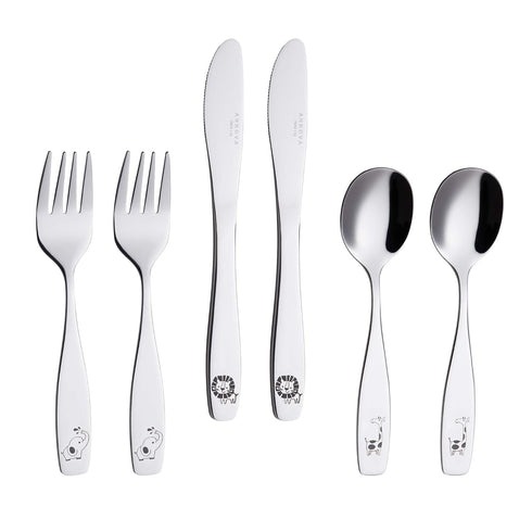 ANNOVA Kids Silverware Set 6 Pieces - Safe Flatware Stainless Steel Utensils for Lunchbox (Elephant, Giraffe, Lion)