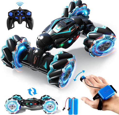 1:12 RC Stunt Car, 2.4GHz 4WD Gesture Sensor Toy, Double Sided Rotating Off Road Vehicle with Lights Music for Boys &