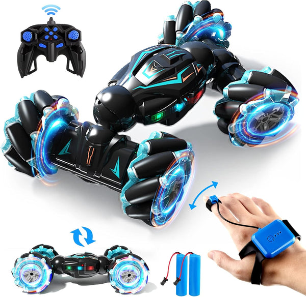 1:12 RC Stunt Car, 2.4GHz 4WD Gesture Sensor Toy, Double Sided Rotating Off Road Vehicle with Lights Music for Boys &