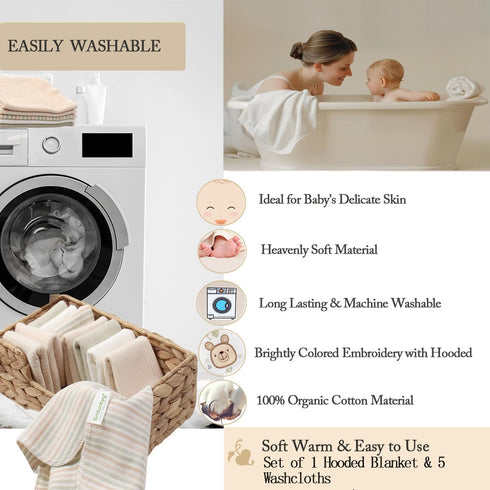 6-Pack Set 5 37.5 37.5 Inches Organic Cotton Baby Bath - Embroidered Hooded Towel & Soft Washcloths, Ultra Soft